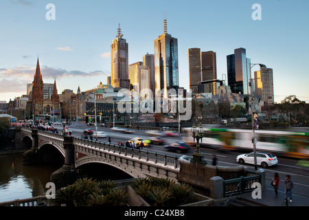 Melbourne Australia city skyline transport tram and transport on Princes Bridge going in to the center. Stock Photo