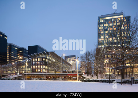 WTC World Trade Center Amsterdam on the Zuidas central business district cbd in winter snow. Nauta AbnAmro ABN-Amro Bank offices Stock Photo