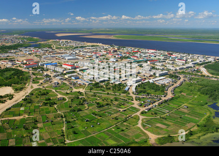 Urban settlement 'Village of the Seekers',an aerial view in the summer. Nenets Autonomous Okrug, Arkhangelsk Oblast, Russia Stock Photo