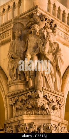 Venice - The statue from facade of Doge palace in the night - Solomon´s wise judgement Stock Photo