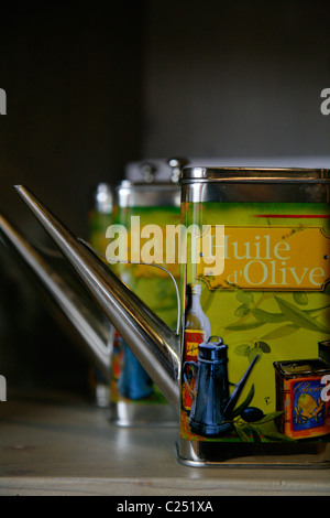 Olive oil cans at the Moulin de l'Olivette shop, Manosque, Provence, France. Stock Photo