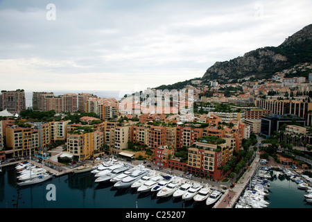 View over the port of Fontvieille seen from the Rock, Monaco. Stock Photo