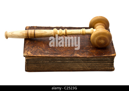 Old book and gavel isolated on white background Stock Photo