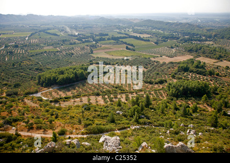 Views of the landscape seen from the Citadel in Les Baux de Provence, Bouches-du-Rhone, Provence, France. Stock Photo