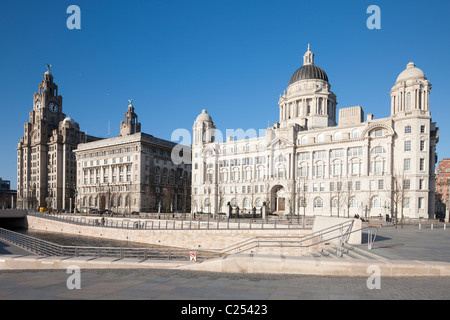 The Three Graces, Liver Building, Cunard Building, Port of Liverpool Building at Pier Head, Liverpool Stock Photo