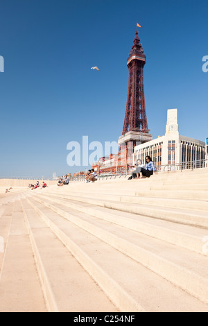 Blackpool Tower on the steps at Blackpool Beach in Lancashire, England, UK Stock Photo