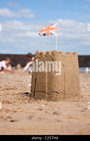Classic English sand castle on the beach at Filey, East Yorkshire Stock Photo