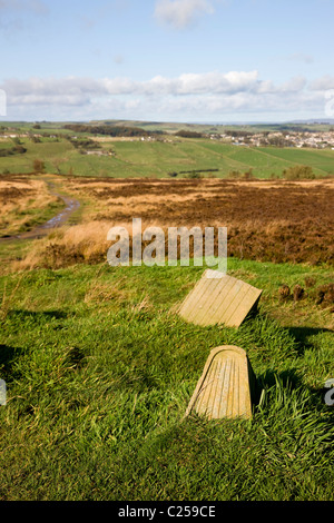 View on Penistone Hill with art installation called Literary Landscape by Martin Heron 2004 Stock Photo