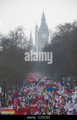 Protestors march along the Victoria Embankment towards Westminster and Trafalgar Square, London, England on 23rd March 2011 Stock Photo