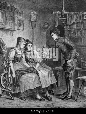 Marriage proposal, historic illustration, 1877 Stock Photo