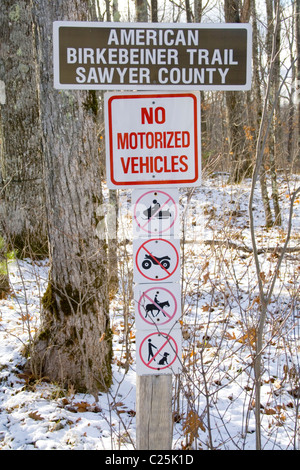 No motorized vehicles sign on the American Birkebeiner Trail. Cable Wisconsin WI USA Stock Photo