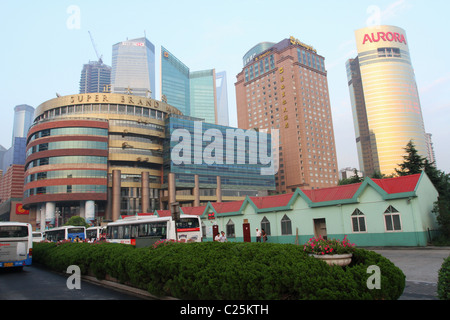 Street View. Pudong, Shanghai, China. Super Brand Mall, HSBC, Shangri-La, Aurora, buildings visible. Stock Photo