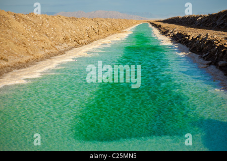 Green canals of liquid Calcium Chloride drying in the desert outside Amboy, CA Stock Photo