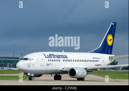 A Lufthansa aircraft prepares for take off at Manchester Airport Stock Photo