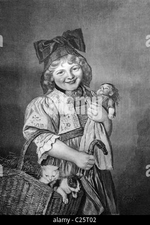 Child ready for a trip, with umbrella, puppet and basket with cats, historical illustration circa 1893 Stock Photo