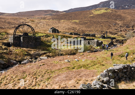 Remains of buildings and water wheel from 19th century Cwm Ciprwth Copper Mine above Cwm Pennant in Snowdonia National Park Stock Photo