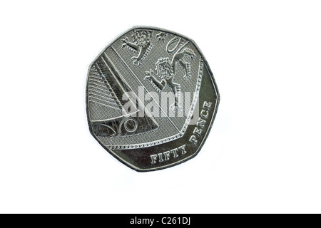 UK, Britain, Europe. Underside of a heptagon fifty pence coin 50p tails side up Stock Photo