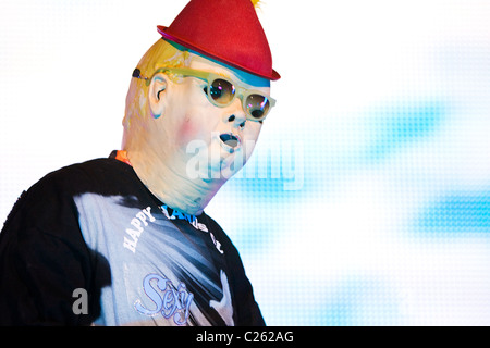 Rock Band DEVO character Booji Boy performing live in concert. Stock Photo