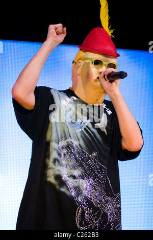 Rock Band DEVO character Booji Boy performing live in concert. Stock Photo