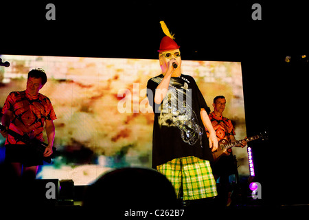 Rock Band DEVO character Booji Boy performing live in concert. Stock Photo