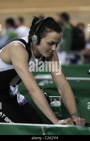 Victoria Pendleton warming up down on turbo trainer 25/3/11 Apeldoorn Velodrome UCI Track Cycling World Championships Holland Stock Photo