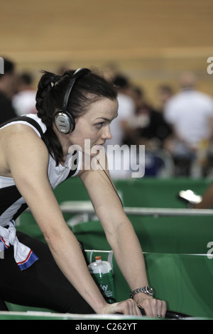 Victoria Pendleton warming up down on turbo trainer 25/3/11 Apeldoorn Velodrome UCI Track Cycling World Championships Holland Stock Photo