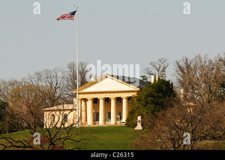 Arlington House, also known as the Robert E. Lee Memorial on top of the hill of Arlington National Cemetery. The shot is taken from Memorial Bridge looking west. Stock Photo