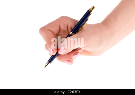 female hand with pen isolated on white background Stock Photo