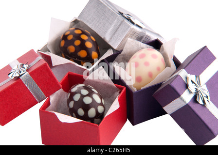 Easter chocolate Eggs in a present boxes Stock Photo