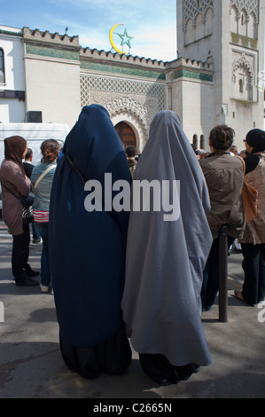 Paris, France, Muslims Veiled Women in crowd, in Hijab, Rear, Demonstrating Against discrimination Islamophobie, 'Mosquee de Paris' on Street, different cultures religion, muslim france Stock Photo