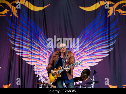 Guitarist Neal Schon performs with Journey on the Main Stage at Download Festival in Castle Donnington, Leicestershire. Stock Photo