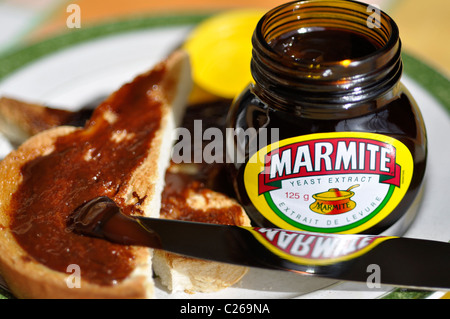 Marmite open jar and Toast Stock Photo