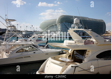 Yas Hotel, at Yas Island, part of the Formula One race track, design hotel at Yas-Island, Abu Dhabi, United Arab Emirates. Stock Photo