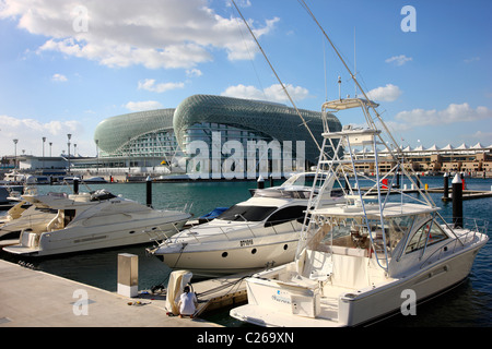 Yas Hotel, at Yas Island, part of the Formula One race track, design hotel at Yas-Island, Abu Dhabi, United Arab Emirates. Stock Photo