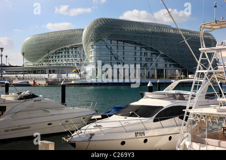 Yas Hotel, at Yas Island, part of the Formula One race track, design hotel at Yas-Island, Abu Dhabi, United Arab Emirates. Stock Photo