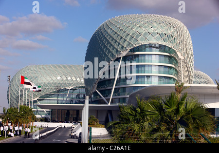 Yas Hotel, at Yas Island, part of the Formula One race track, design hotel at Yas-Island, Abu Dhabi, United Arab Emirates. Stock Photo