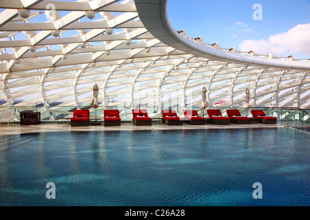 Yas Hotel, at Yas Island, part of the Formula One race track, design hotel at Yas-Island, Abu Dhabi, United Arab Emirates. Stock Photo