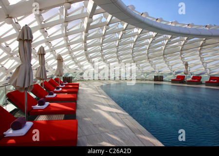 Yas Hotel, at Yas Island, part of the Formula One race track, design hotel at Yas-Island, Abu Dhabi, United Arab Emirates. Stock Photo