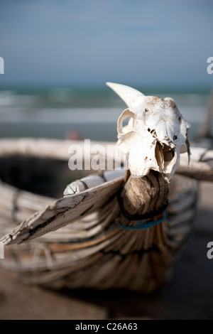 Traditional Omani fishing boat on the beach near Muscat Stock Photo