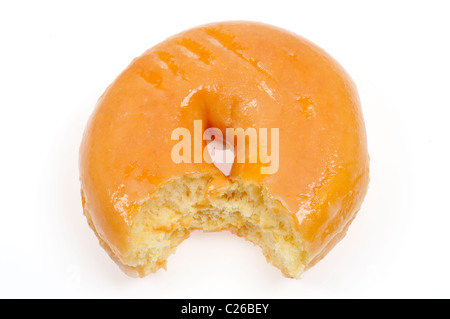 Glazed sugary doughnut with bite taken out of it on white background cutout Stock Photo
