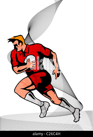 illustration of a Rugby player running passing ball with grunge texture in the background Stock Photo