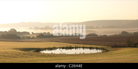 An early morning view just after sunrise over the Chalke valley from Ebbesbourne Wake, Wiltshire, England. Stock Photo