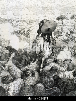 The Ingenious Hidalgo Don Quixote of La Mancha, by Cervantes. Don Quixote attacking the flock of sheep and goats. Dore. Stock Photo