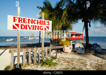 Restaurant and diving centre on Caye Caulker beach on the  island off Belize Stock Photo