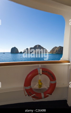 Cruise Ship window and Lovers Beach, Cabo San Lucas, Baja California, Mexico Stock Photo
