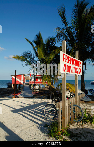 Restaurant and diving centre on Caye Caulker beach on the  island off Belize Stock Photo