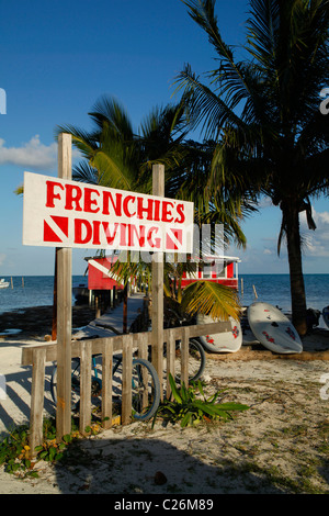 Restaurant and diving centre on Caye Caulker beach on the  island off Belize Stock Photo