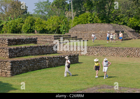 Tourists visiting Izapa archaeological site, Chiapas, Mexico Stock Photo