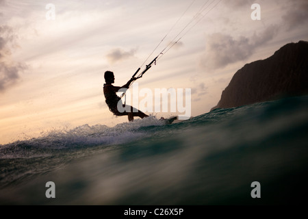 Kiteboarding Waimanalo @ Sunrise, male, David Giardini Stock Photo