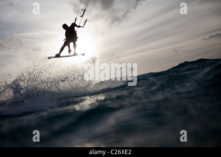 Kiteboarding Waimanalo @ Sunrise, male, David Giardini, airtime, jumping Stock Photo